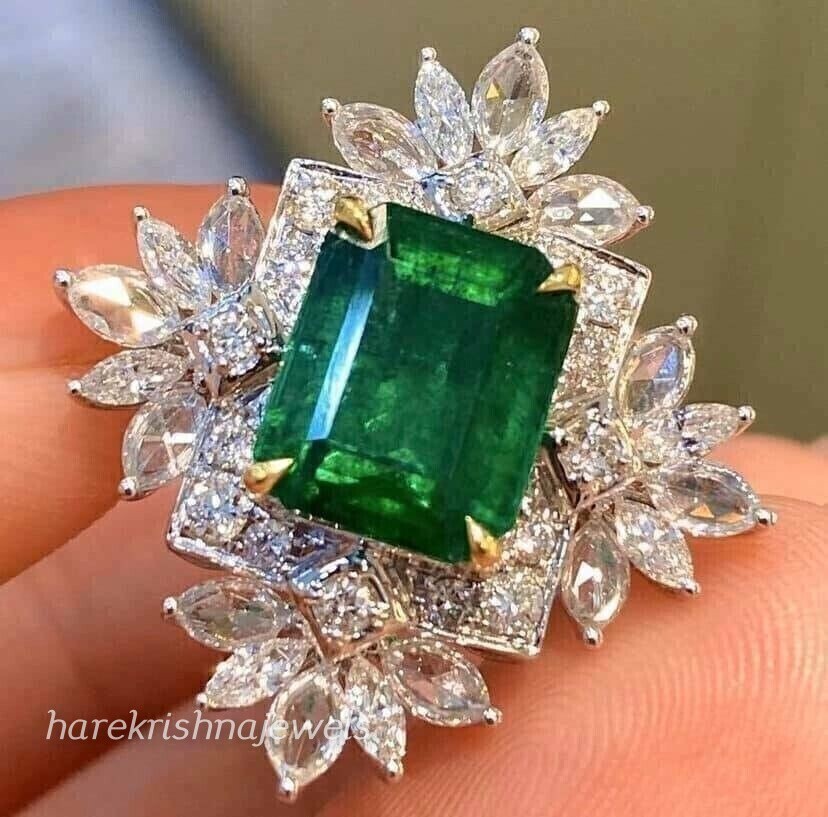 Real Green Emerald 3.35CT Emerald Cut Wedding Cluster Ring 14K 2-Tone Gold Over
