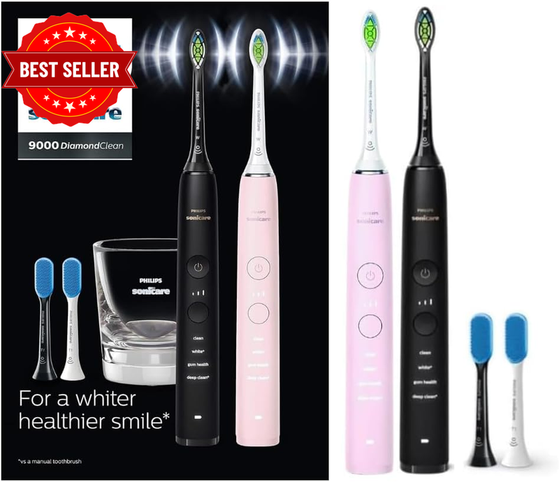 Sonicare Diamondclean 9000 Black + Pink Rechargeable Electric Toothbrush Bundle 