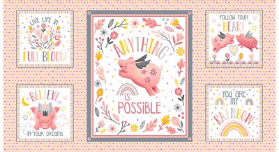 Porkopolis Flying Pink Pig Anything is Possible Fabric Panel   24'' x 42''  #6000