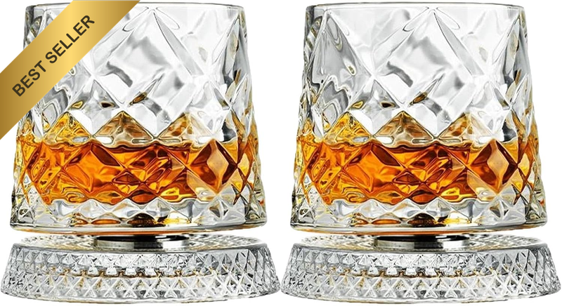 360° Rotating Whiskey Glass, Crystal Old Fashioned Glass with Spinning Base, Ide