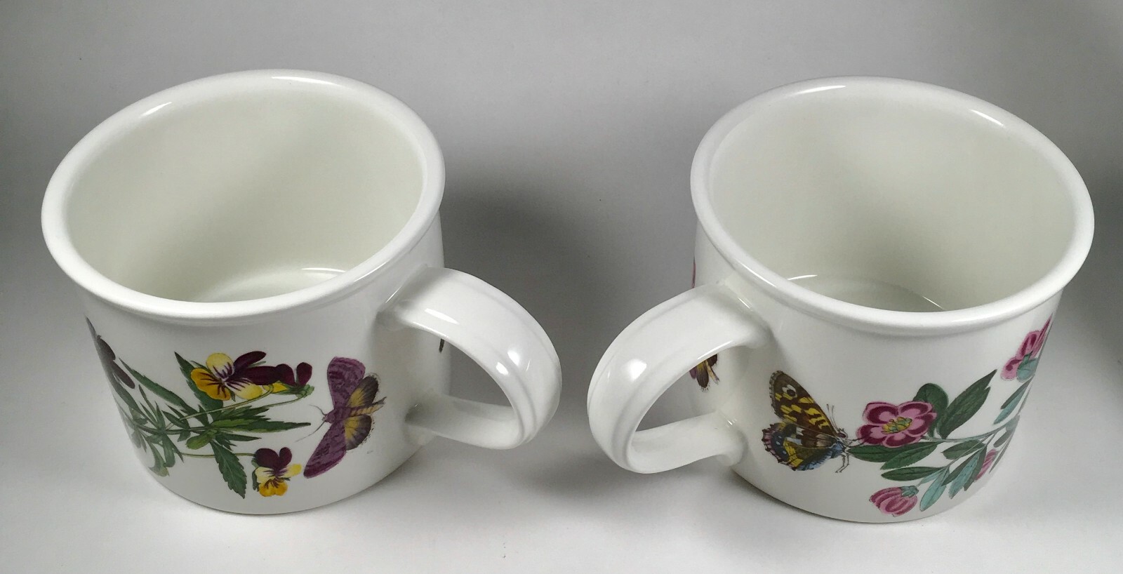 SET of 2 Portmeirion Botanic Garden Drum Mugs Cups Viola Heartsease Rhododendron
