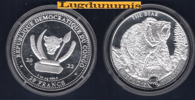 Congo 20 Francs 2022 World'S Wildlife The Bear 1 Oz Ag 999 R2publique DÃ©Mo Congo