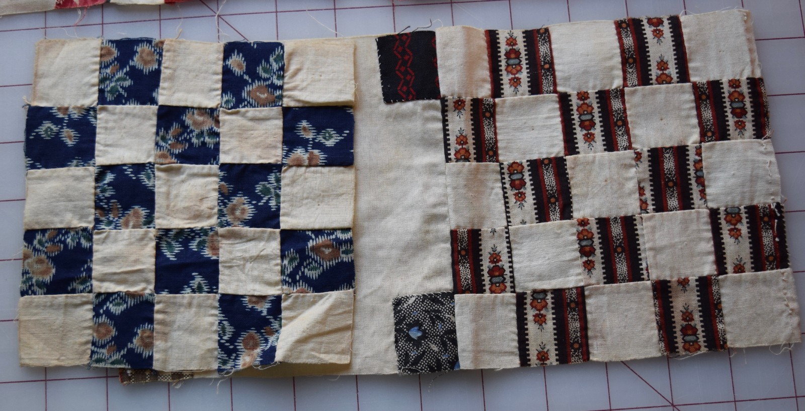 6797 5 antique 1860-70's Postage Stamp quilt blocks, madder, indigo prints