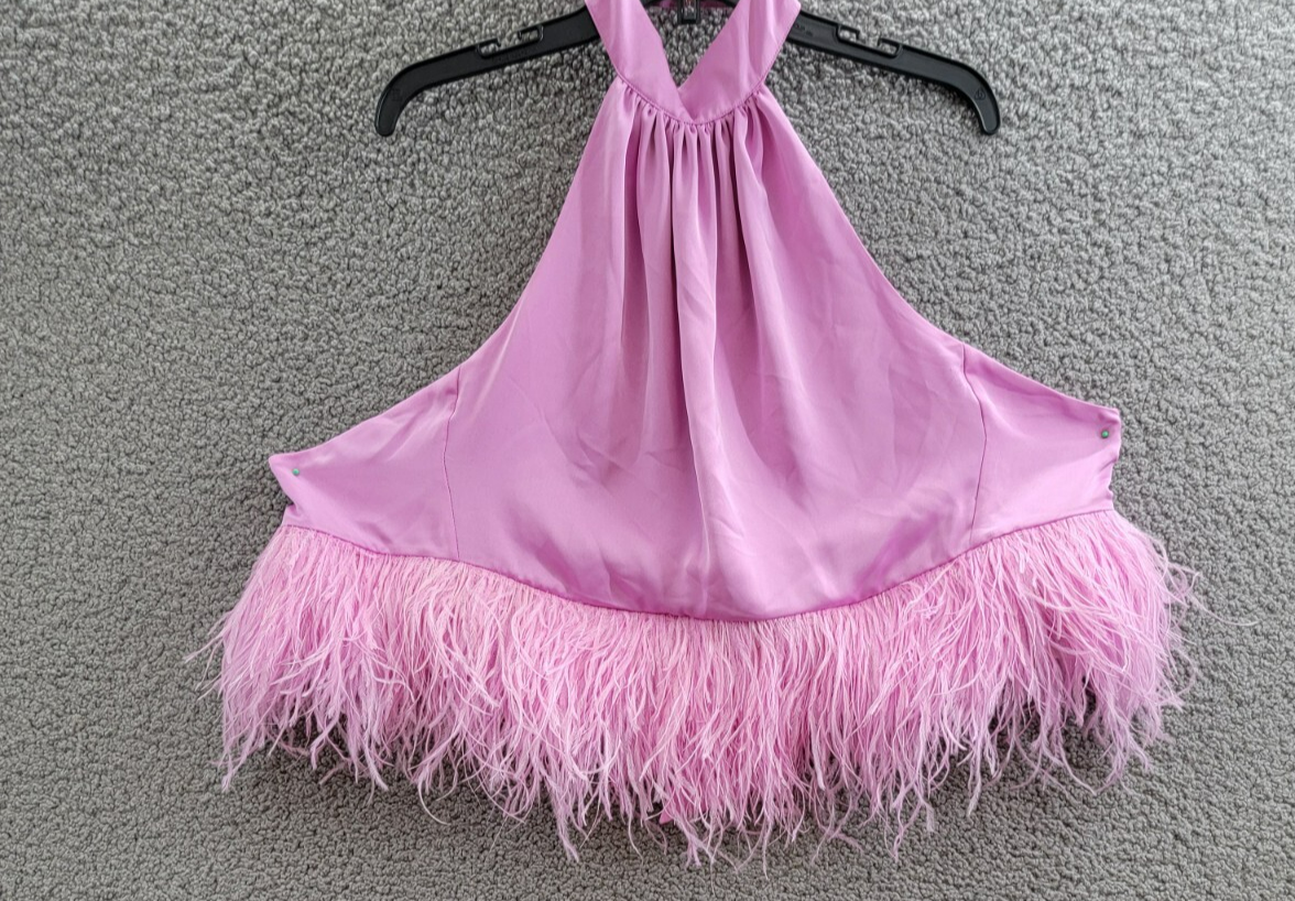 Ramy Brook Faux Feather Trim Halter Top Women's S Pink Rose Tie Hook & Eye Back - Picture 2 of 15