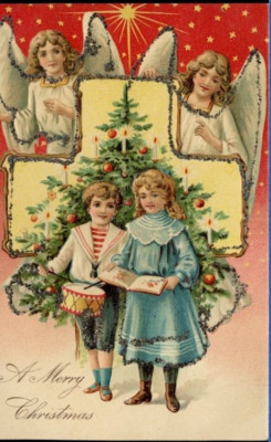 Antique Christmas Postcard Victorian Boy Girl Angeln Star Bethlehem Glitter