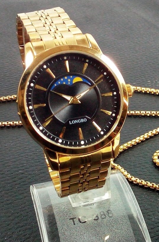 Orologio Polso LongBo 80342g Uomo Quarzo Elegante Dorato Fondo Nero lac