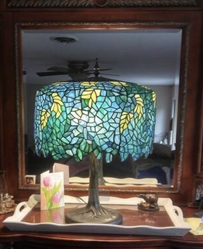 27" Tiffany Style Wisteria Table Lamp Blue Green Stained Glass Accent Light