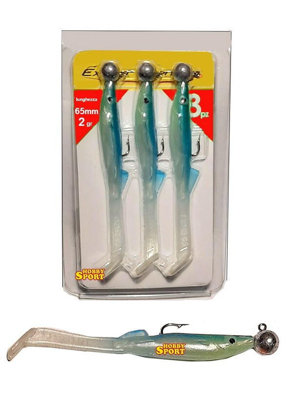 RAGLOU + JIG HEAD 2 gr COL. BLUE 65mm ESCA SILICONICA EXPERT PLASTIC SOFT 3 PZ