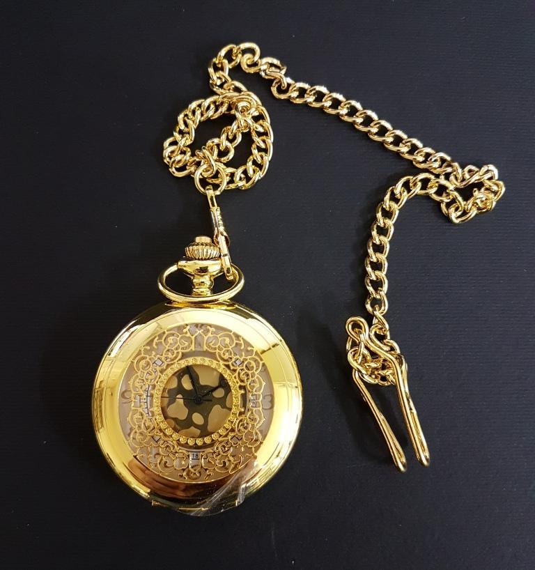 Orologio Da Tasca Taschino Quarzo Cipolla Con Catena Colore Oro Vintage lac