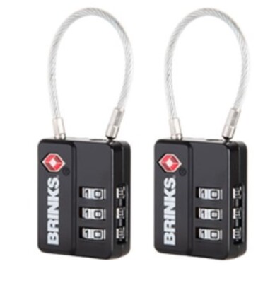 Brinks, 1/4in 3-Dial TSA Luggage Padlock with Steel Cable Shackle, 2-Pack BLACK