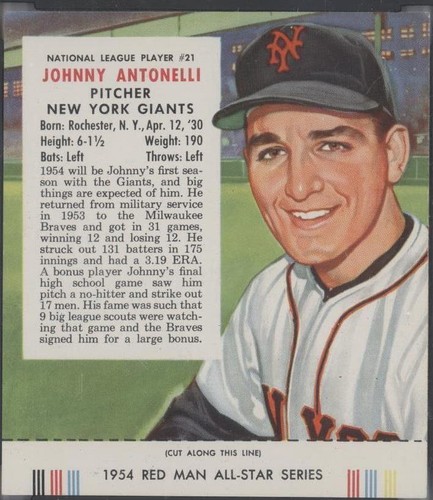 1954 Red Man Tobacco All-Star Team - Johnny Antonelli #21
