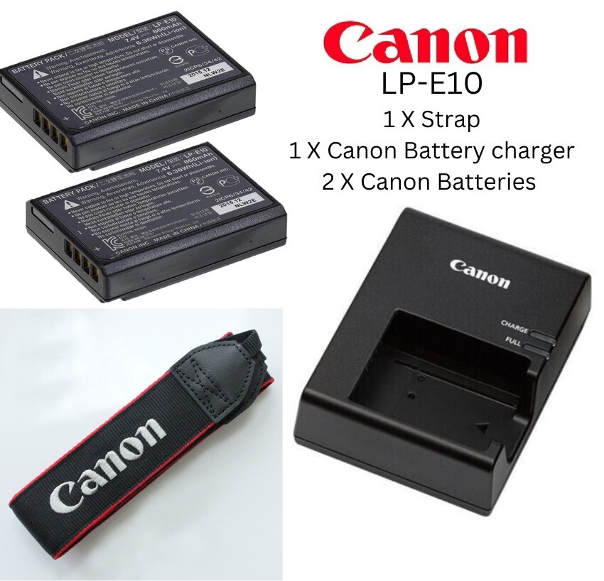 Original NEW Canon Rebel T7 T6 T5 T3 T6 Charger +2 Battery+ Strap Bundle LP-E10