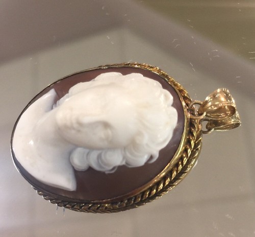 14k Y.G. Vintage Carved RAISED Shell Cameo Pendant Brooch