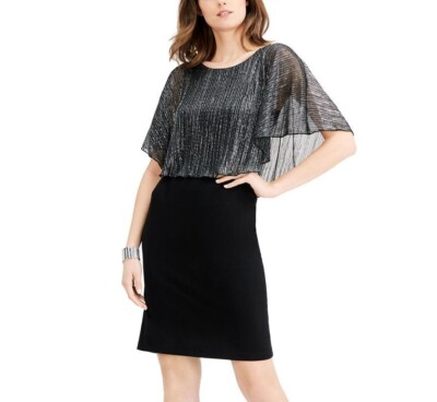 Connected Womens 16 Black Silver Shine Caped Sleeveless Bodycon Dress NWT BV23