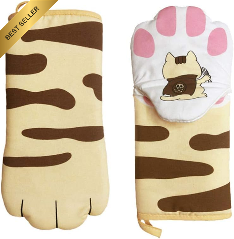2-PCS Oven Mitts Cat Paw Pattern Cooking Glove Quilted Cotton Lining Heat Resist