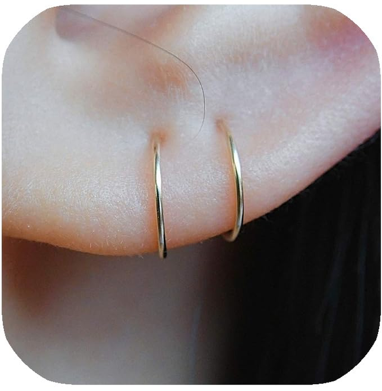 14K Gold Filled Small Hoop Earrings for Cartilage Nose, Tiny Thin 7Mm Piercing Hoop Ring 22 Gauge