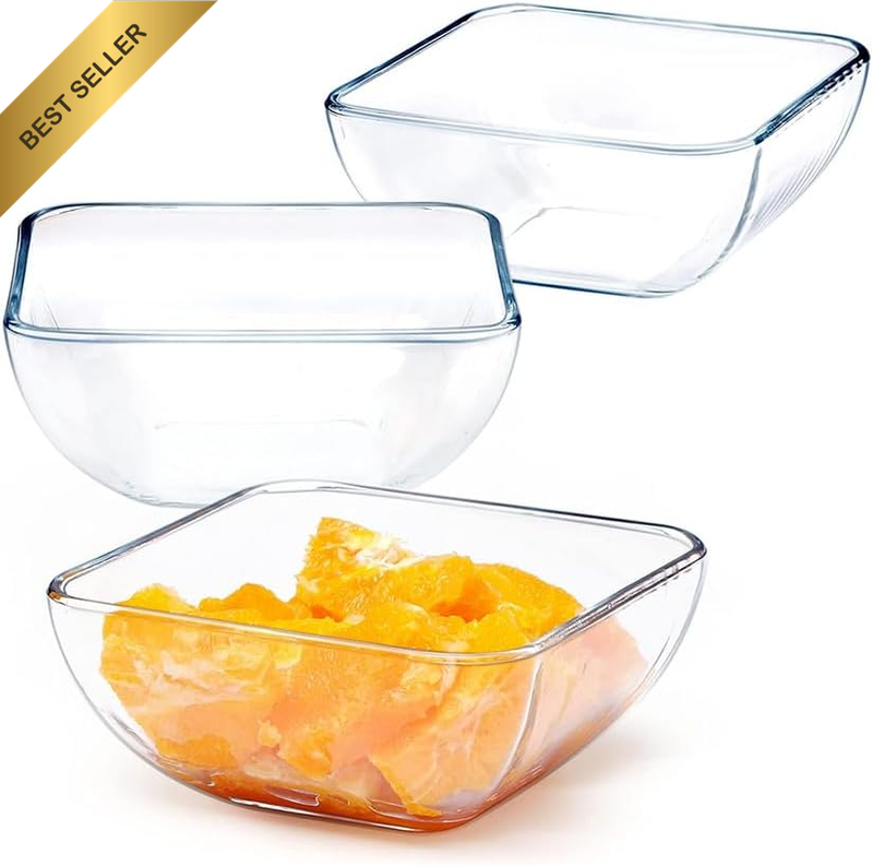 Deep Square Glass Bowl Set of 3, Large Clear Salad Mixing Bowls, Soup Container,