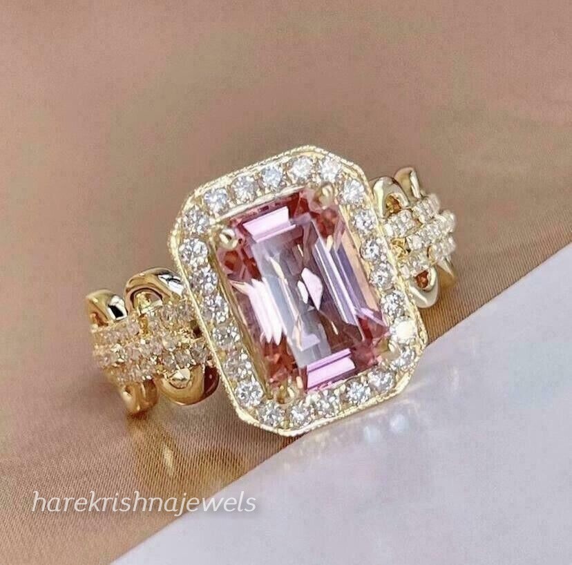 14K Yellow Gold Over 3CT Emerald Cut Real Pink Sapphire Engagement Wedding Ring