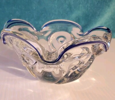 Vintage Lillian Vernon Lead Crystal Scalloped Cobalt Blue Edge Candy Dish