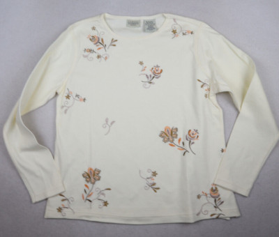 CLASSIC ELEMENTS WOMEN'S IVORY CREAM EMBROIDERED LONG SLEEVE T-SHIRT TOP - PM