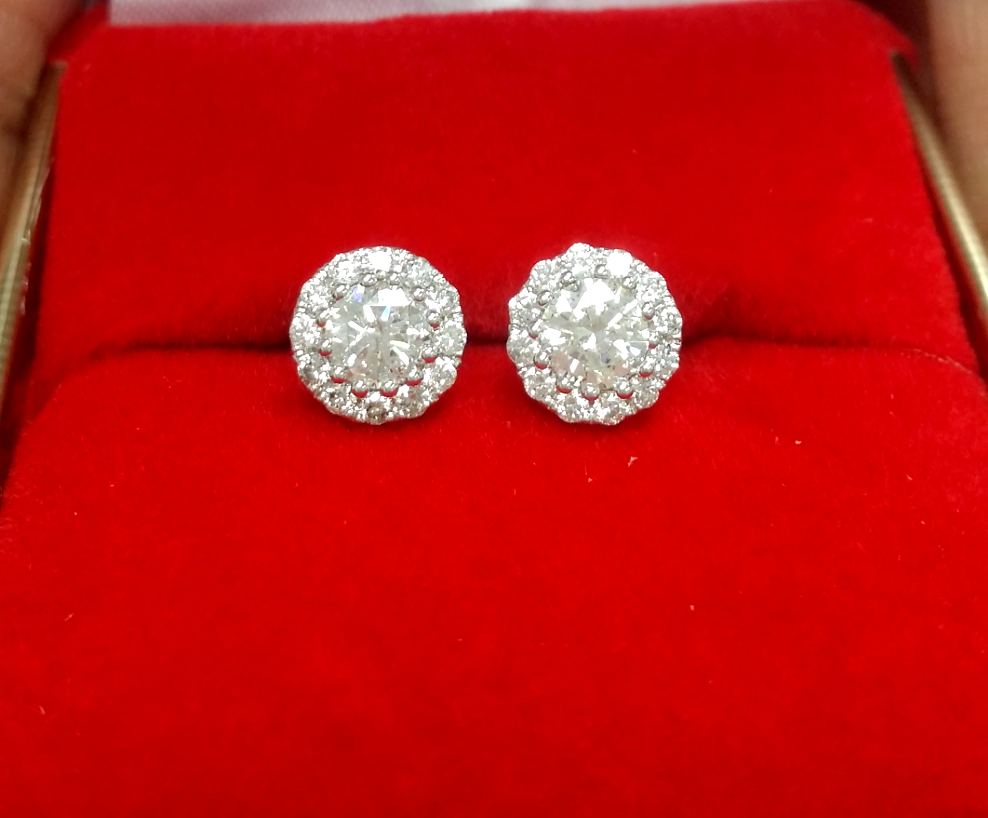 Pre-owned Handmade Deal 14k Gold 1.05 Ctw Solitaire Halo Studs Round Genuine Diamond Earrings 7mm