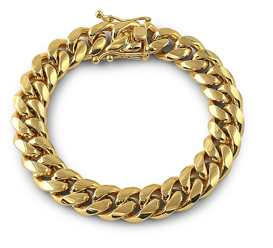 Mens Hip Hop Yellow Gold Plated Solid Stainless Steel Cuban Link Chain Bracelet 