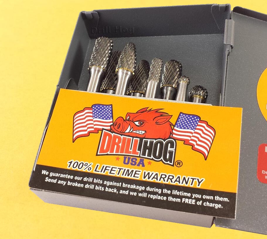 8 Pc Double Cut Carbide Burr Set Tungsten Drill Hog® Lifetime Warranty