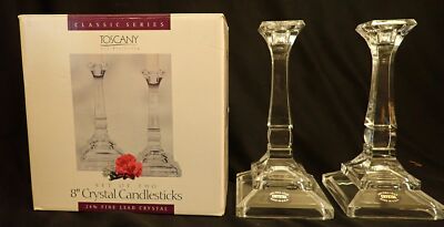 Vintage Set of Two 8  Crystal CANDLESTICKS 24% Fine Lead Crystal Toscany Classic