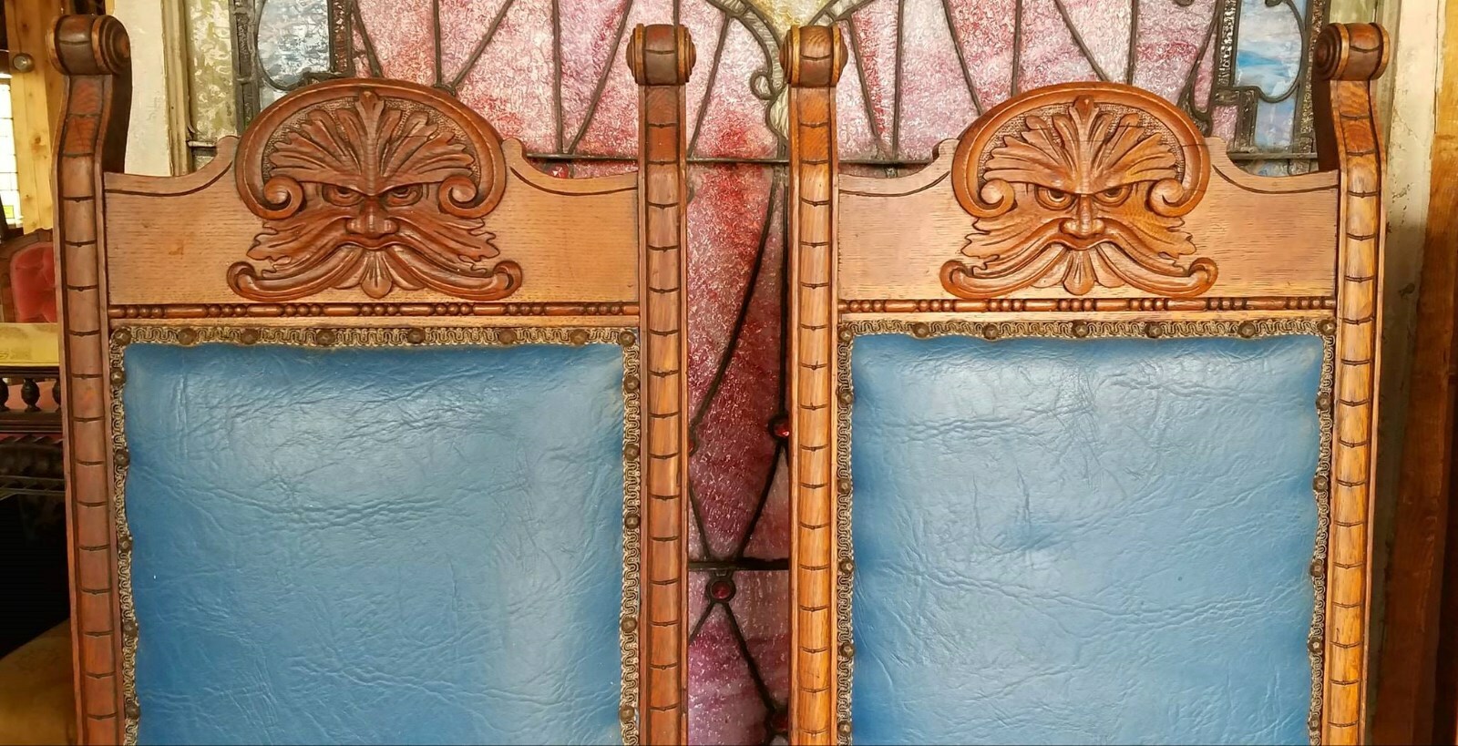 SET OF 6 VICTORIAN QUARTERSAWN OAK DINING CHAIRS CARVED NORTHWIND FACES