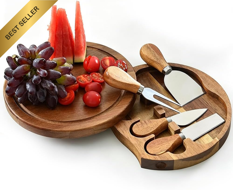 Mini Acacia Wood Cheese Board Set with 4 Knives | Mini Acacia Wood Cheese Board
