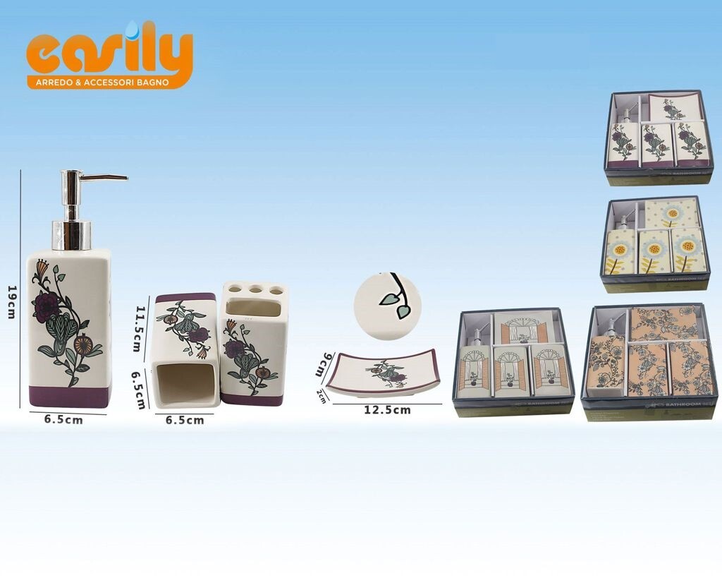 Set 4 Accessori Bagno Ceramica PortaSapone Porta Spazzolino Dispenser 52104 dfh