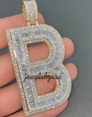 Pre-owned Nsg Customized Men's 3.1ct Baguette Cubic Zirconia "b" Pendant 925 Silver In White