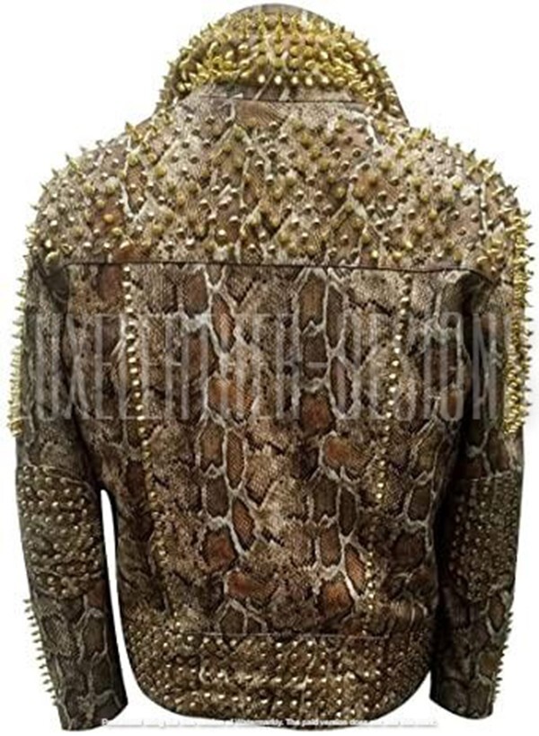 Pre-owned Handmade Men's Python Snake Skin Print Punk Gold Studded Spiked Leather Biker Jacket
