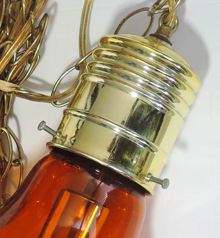 VINTAGE POP SWAG AMBER CLEAR GLASS LARGE CEILING HANGING LIGHT BULB SHAPED LAMP