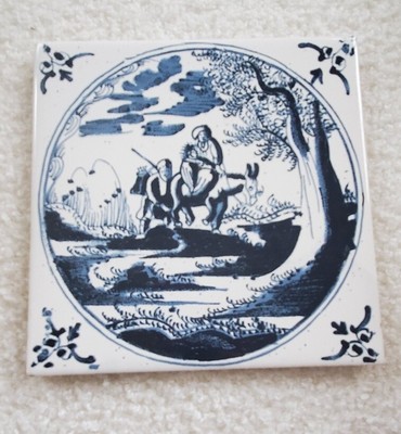 Vintage Delft Style Ceramic Tile, Hot Plate Trivet-Man on donkey- 6'' x 6''