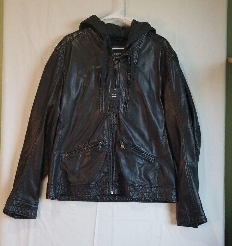 Express Faux Leather Jacket Mens XL Black Removable Hoodie/Lining New With Tags