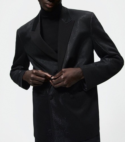 ZARA MEN DOUBLE BREASTED SHIMMER BLAZER BLACK 9621/650 Sz 52