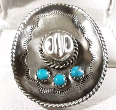 NAVAJO RUNNING BEAR STERLING ETCHED COWBOY HAT TURQUOISE SIZE 6 RING 8.63g