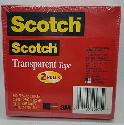 Scotch Transparent Tape, 3'' Core, 0.75'' X 72 Yds, Transparent, 2/Pack