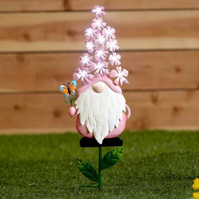 SOLAR LIGHTED FLOWER GNOME: ADORABLE, PINK, WITH A BUTTERFLY, GARDEN DECOR