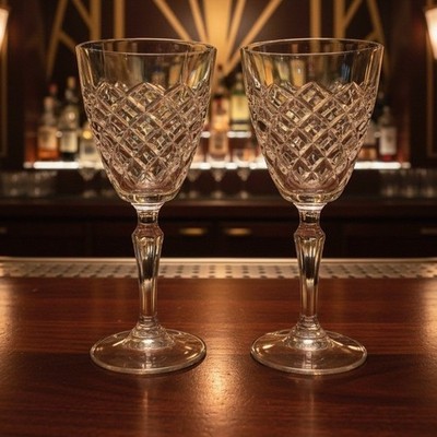 Cristal D'Arques Dauphine Wine Glasses, Set of 2, Paneled Diamond Cut Stemware