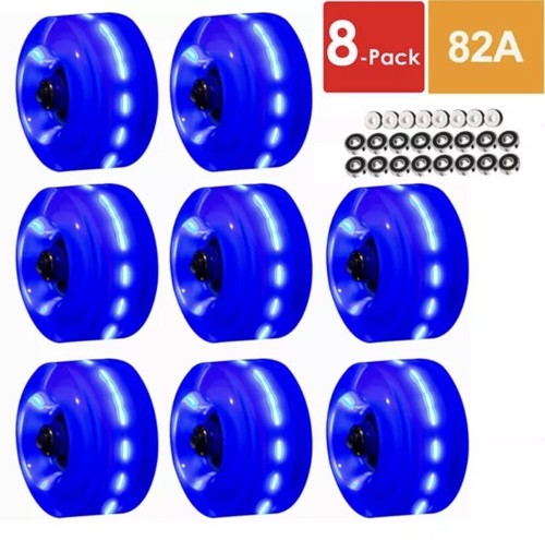 Roller Skate / Skateboard Wheels 6 LED Light Up | 8 Pack Double Row BLUE