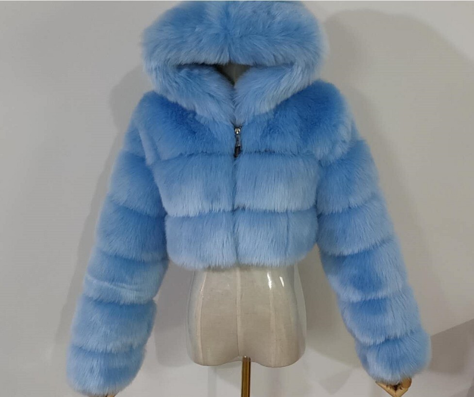 Furry Cropped Faux Fur Coats Jackets Women Fluffy Top Coat Hooded Winter Jackets