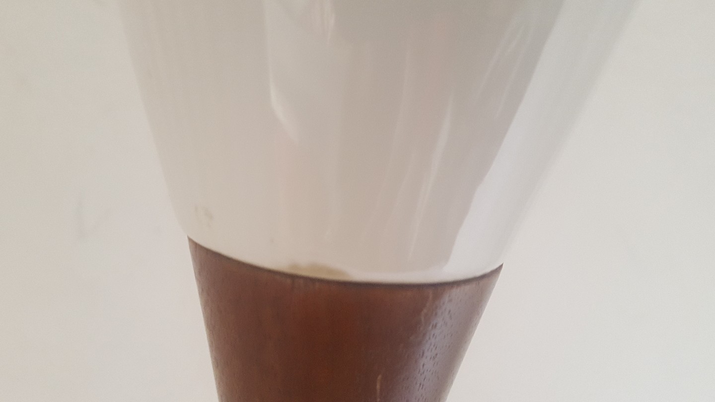 Mid Century Danish Modern White Ceramic & Teak Wood Table Lamp Three Way