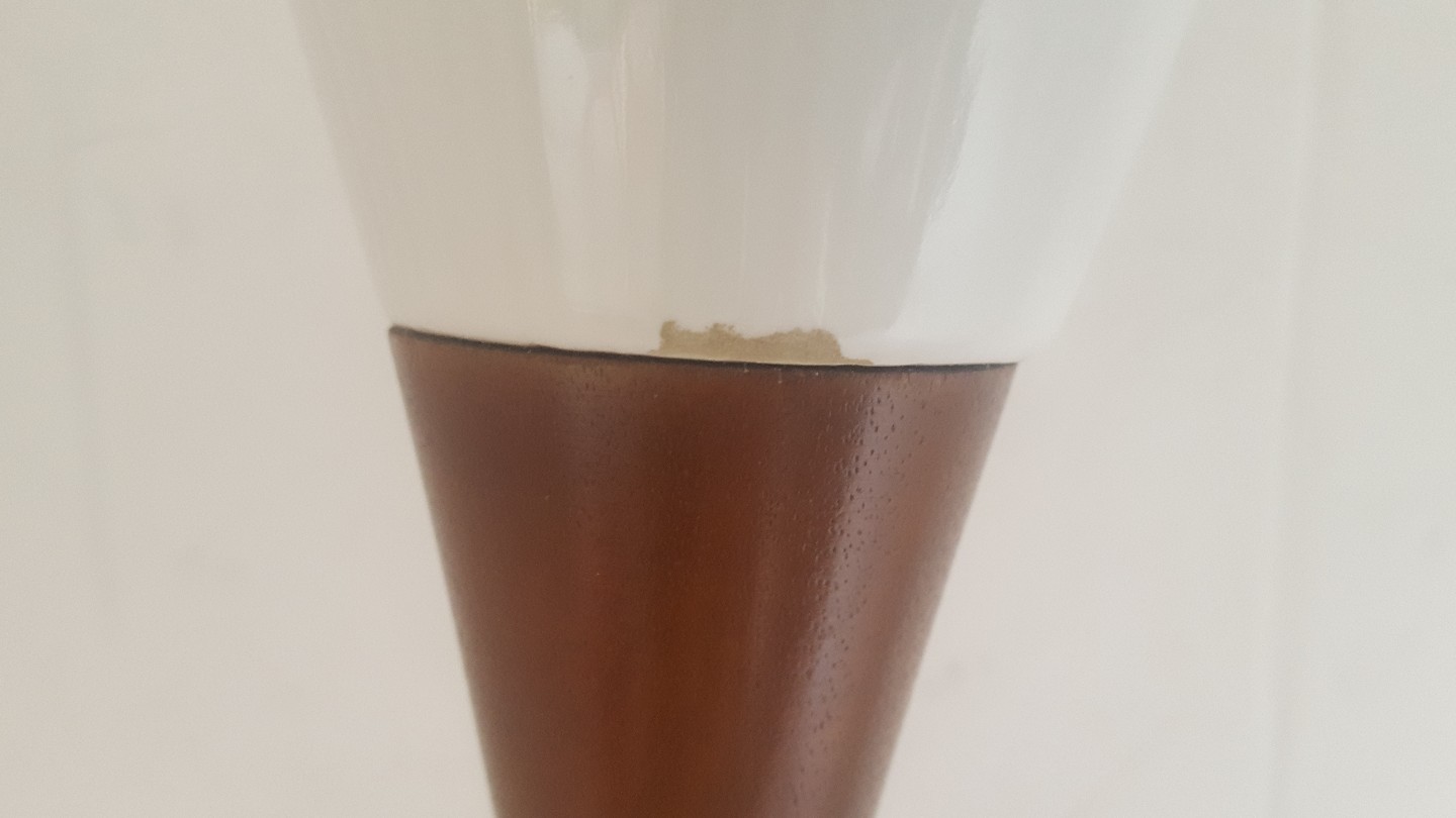 Mid Century Danish Modern White Ceramic & Teak Wood Table Lamp Three Way