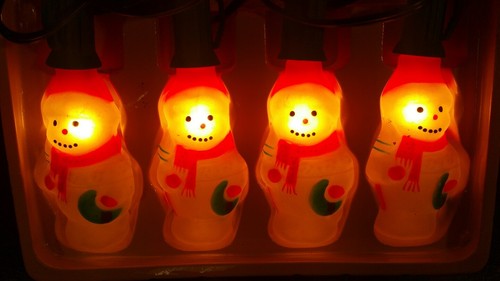 VINTAGE Fancy Handpainted Glass Snowman Clip Christmas Tree  Lights Set
