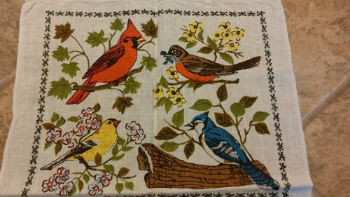 Vtg Calendar Tea Kitchen Towel Birds Cardinal Blue Jay Estate Sale 1980 Cottage