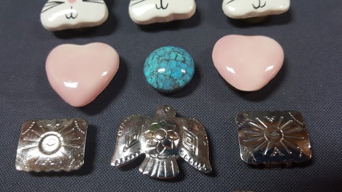 BUTTON COVERS, WHITE CATS, PINK HEARTS, SILVER WESTERN THUNDERBIRD & MORE