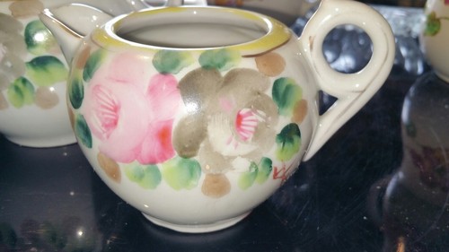 VINTAGE HAND-PAINTED PORCELAIN SUGAR AND CREAMER SET, FLORAL DESIGN. STAMPED