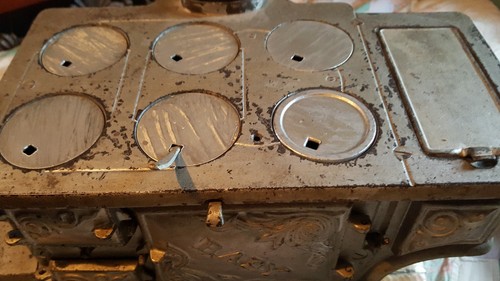 Vintage Antique Toy Cast Iron Stove BABY with Pots Pans Salesman Sample 15